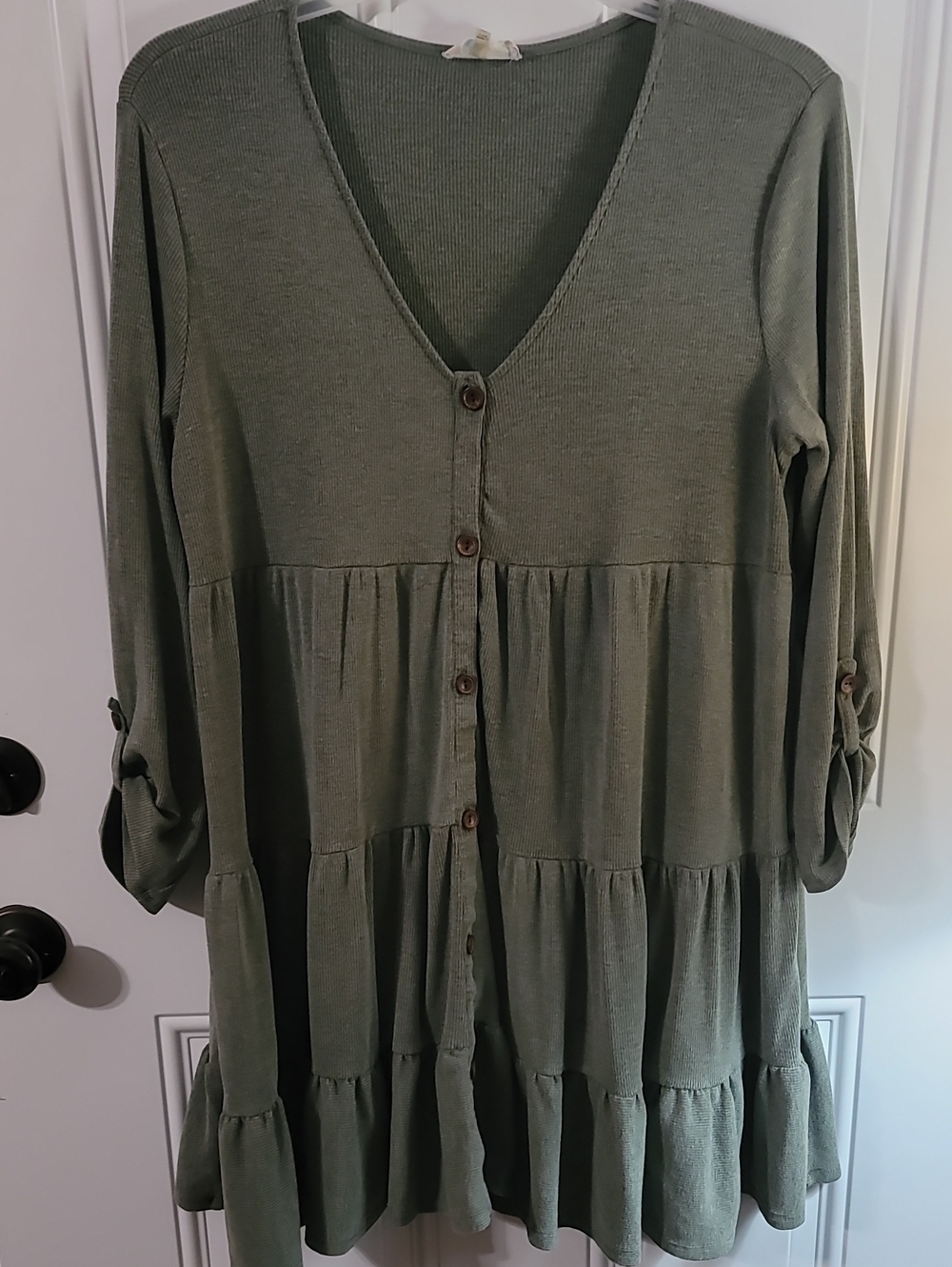 Altar'd State Olive Green Tiered Button-Front Mini 3/4 Sleeve Dress - Picture 3 of 7